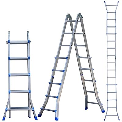 A Frame 5 Step Telescoping Ladder, 16 FT Reach Height Muti Position Folding Ladder with Flared Leg, 330 lbs Bearing Capacity Folding Aluminum Ladder for Stairs Home Indoor Outdoor Roof Use