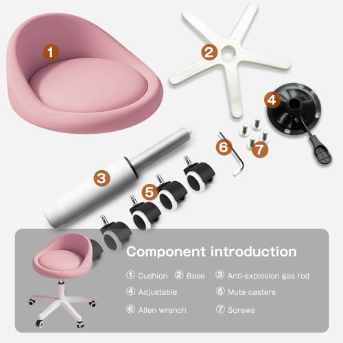 Image of Rolling Stool Chair with Backrest, Round PU Leather Adjustable Height Hydraulic Swivel Rolling Stool for Spa Salon Tattoo Massage Doctor Dental Medical Office Pink