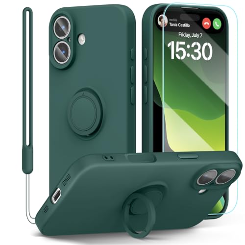 pcgaga Silicone Phone Case for iPhone 17 6.3 Inch with Screen Protector [Ring Holder Stand] [Wrist Strap] [Microfiber Lining] Slim Shockproof Protective Cover 6.3 Army Green