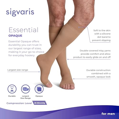 Image of SIGVARIS Men's & Women's Essential Opaque 860 Open Toe Calf-High Socks w /Grip Top 20-30mmHg - Large Short - Nude