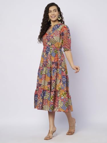 Image of PIDAVLIYA'S Women Cotton Printed Midi Dress with V Neck & Puff Sleeves | Flared A-Line Casual Summer Dress | Stylish Knee Length One Piece for Daily