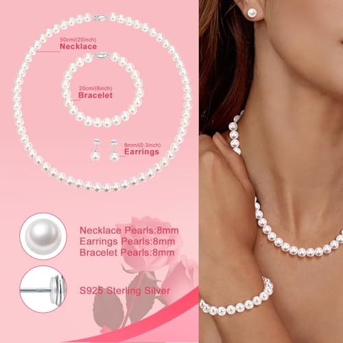 Pearl Necklace and Earring Set Include Stunning Bracelet, Pearl Jewelry Set for Women with Preserved Rose Box3