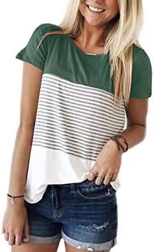 Womens Summer Color Block Striped T-Shirt Short Sleeve Loose Tunic Blouse and Tops Green