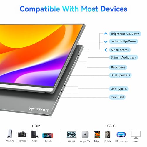 Image of Veout 16 inch Portable Monitor with Built-in Stand,Vertical Monitor, USB-C & Mini HDMI External Laptop Screen, Second Display for PC, MacBook, iPad, Phone, Travel & Office