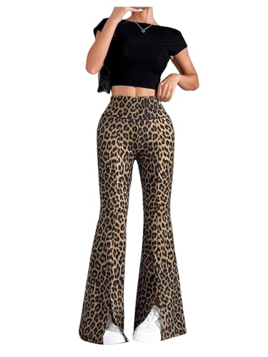 Floerns Women's Y2k Leopard Print Bell Bottom Pants High Waisted Slit Flare Pants