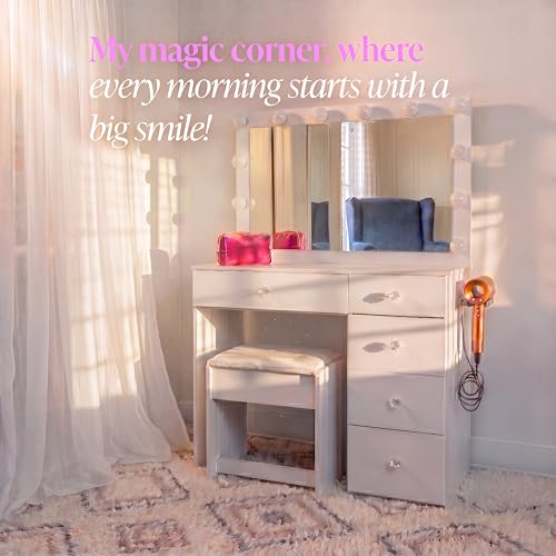 Image of Boahaus Cleo Vanity Desk with Framed Bulb Mirror & Stool - 5 Drawer Makeup Station with Integrated Power