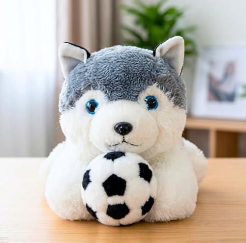 Image of Tickles Cute Husky Dog with Football Soft Stuffed Plush Animal Sports Theme Toy for Kids Boys & Girls Birthday Gifts (Size: 28 cm Color: White & Grey)