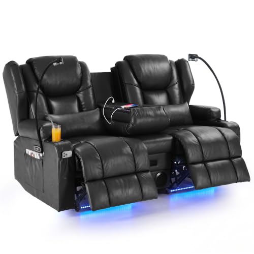 Image of Redlife Power Loveseat Recliner Sofa with Console, PU Leather Dual Reclining Couch with Blue LED Light, Bluetooth Speakers, Phone Holders, USB Ports, Home Theater & RV Recliner (Black)