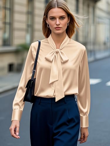 CBOO Women's Bow Tie Neck Button Down Shirts Silk Blouses Long Sleeve Elegant Satin Blouse Casual Dressy Business Tops3