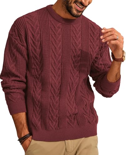 PJ PAUL JONES Mens Crewneck Sweater Casual Cable Knit Pullover Sweater Drop Shoulder Solid Knitted Sweaters
