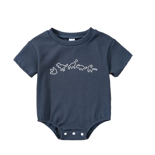Unisex Baby Girl Boy Romper Short Sleeve Shirt Waffle Knitted Onesie Crewneck Bodysuit with Dinosaur Pattern Summer Clothes