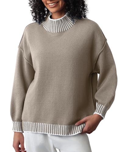 Image of CHYRII Women Fall Fashion 2024 Sweater Overiszed Batwing Long Sleeve Striped Turtleneck Pullover Sweater Tops Outfit