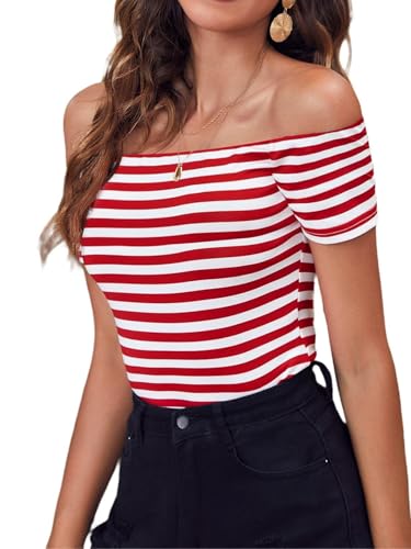 LilyCoco Striped Off The Shoulder Tops for Women Short Sleeve Sexy Fitted Pirate Shirt3