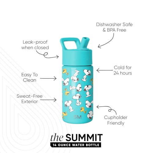 Image of Simple Modern Kids Summit Water Bottle with Straw Lid | Peanuts 14oz Stainless Steel Cup Insulated Tumbler for Toddlers, Girls, Boys, School | Snoopy & Woodstock
