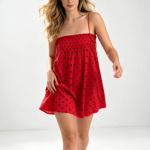 Image of Women Boho Floral Mini Dress Cute Graphic Spaghetti Strap Backless Sundress