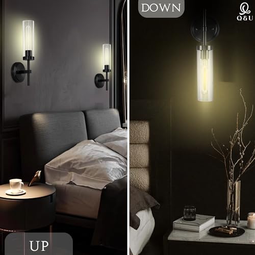 Image of Q&U Black & Gold Hardwired Wall Sconces Set of 2 - Modern Bathroom Vanity Light Fixtures, Farmhouse Wall Mount Lamps for Mirror, Living Room, Bedroom, and Hallway