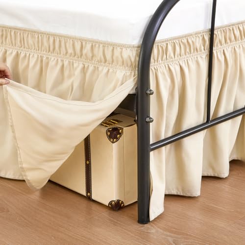 RIMELA Light Beige Bed Skirts with Split Corners Queen Size 15 Inch Drop,Elastic Bed Skirting Wrap Around, Easy Install Dust Ruffles Soft Fabric Machine Washable