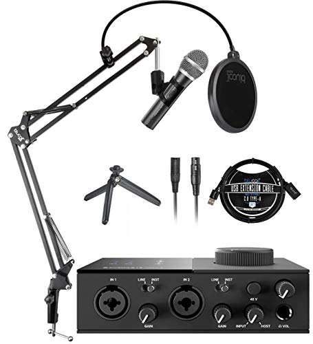 Native Instruments KOMPLETE AUDIO 2 USB Audio Interface for Windows and Mac Bundle with Audio-Technica ATR2100X-USB Dynamic Microphone, Blucoil Boom Arm Plus Pop Filter, and 3' USB Extension Cable