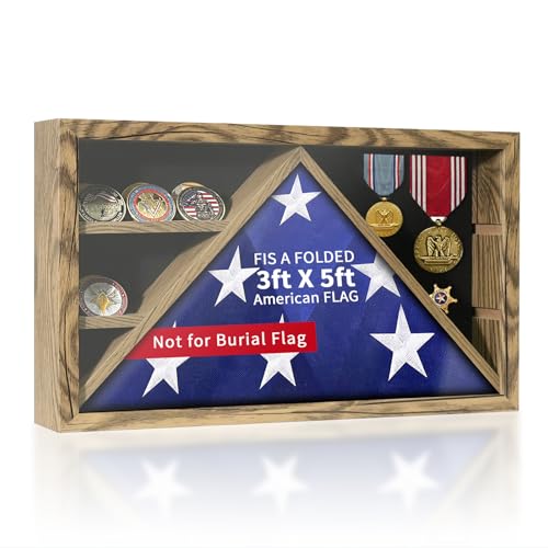 ASmileIndeep Flag Box Display Case for 3' x 5' American Flag, Not for Burial Flag, Military Shadow Box with HD Tempered and Wall Mounted?Flag Cases for Veterans,Folded Flag Display Case, Rustic Wood