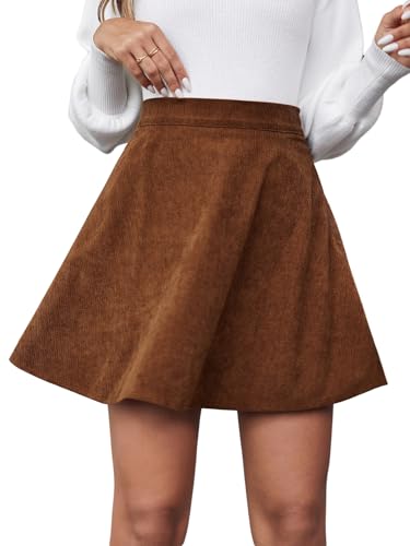 SOLY HUX Damen Cordrock Elegant A-Linie Cord Rock Kurz Hohe Taille Minirock Vintage Casualrock Herbst Freizeitrock mit Reißverschluss Braun M