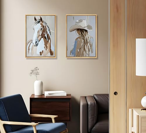 Image of FJKLRP 2pcs Western Cowboy Girl Wall Art with Hat Cowboy Girl and Horse Canvas Print Poster Western Oil Painting Style Decoration for Living Room Bedroom Home Wall Decor Unframed