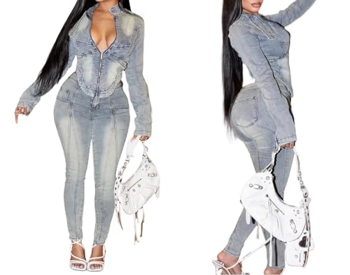LKOUS Women's Sexy Denim 2 Piece Set,Long Sleeve Crop Jacket and Bodycon Jeans Set with Pockets2