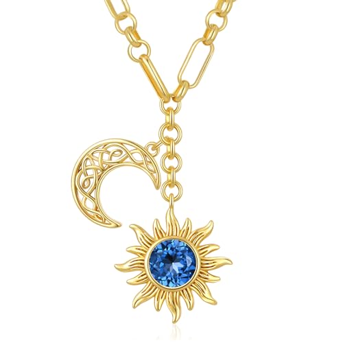 Sun and Moon Necklace for Women, 14K Gold Exquisite Birthstone Necklace Jewelry Gift for Wife Mom Her Wedding Anniversary, Birthday