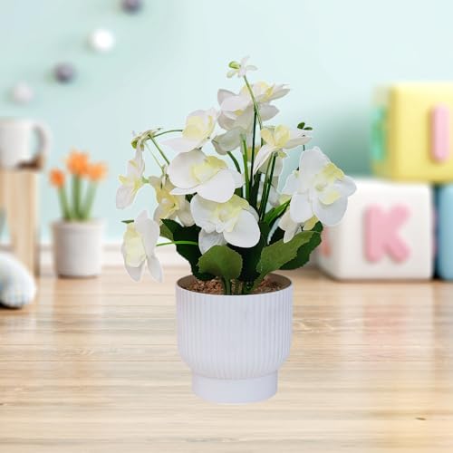 Image of CURATED CART Flower Pot with Artificial Flowers - Orchid White Flower with White Vase | Ideal for Home Decor | Office Decor | Gifting | Size 25 x 15cm