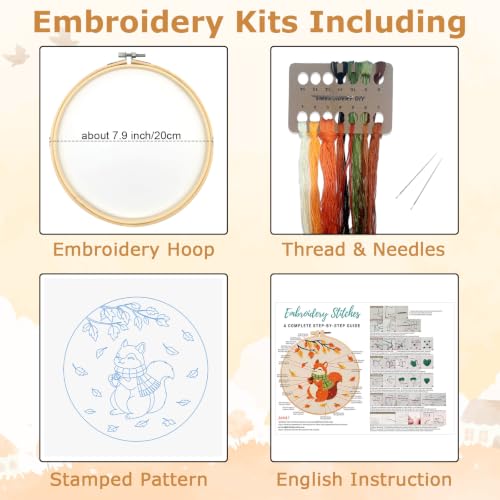 Image of Louise Maelys Autumn Squirrel Embroidery Kit for Beginners Adults | Cross Stitch Kit for Adults,Stamped Pattern, Complete Easy Needlepoint Kit, Easy Craft Thankgiving Gift And Room Decor