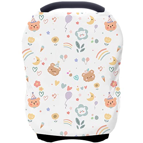 Image of Car Seat Covers for Baby Girls, Cartoon Printing Carseat Canopy Cover for Breastfeeding (White Bear)