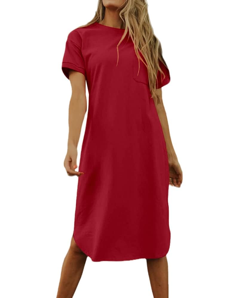 Imily Bela Dame Tshirt Kleid Sommer Shirtkleid Baumwolle Kurzarm Rundhals Minikleider Freizeitkleid mit Taschen.