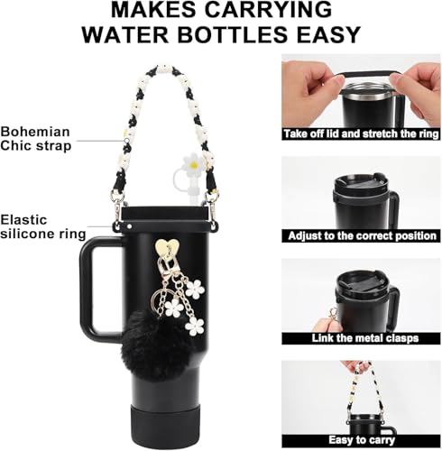 Image of House of Quirk 7 Accessories Set Handle Strap, Silicone Cup Boot, Silicone Straw Cover, Charms for Tumbler Cup 40oz & 30oz (Black, Tumbler Not Included)