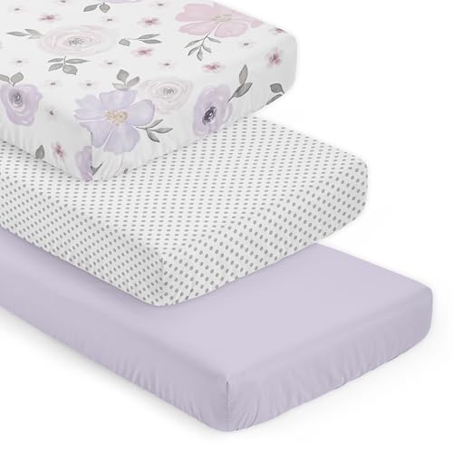 Image of Sweet Jojo Designs 3-Piece Baby Crib Sheets Set (Purple Boho Floral) for Girls, Infant Nursery, Toddler Room - Fitted, Standard Size (Solid Lavender, White /Grey Polka Dots & Bohemian Shabby Chic Rose)