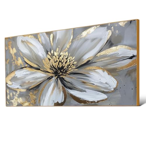 Flower Pictures Wall Decor,Gold Wall Art,Gray Wall Art,White Flower Painting,Floral