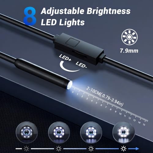 Image of Borescope Endoscope Camera with Light for iPhone: 1920P HD Inspection Camera with 8 Adjustable Led Lights, 16.4ft Semi-Rigid IP67 Waterproof Bore Scope Snake Cameras for Android
