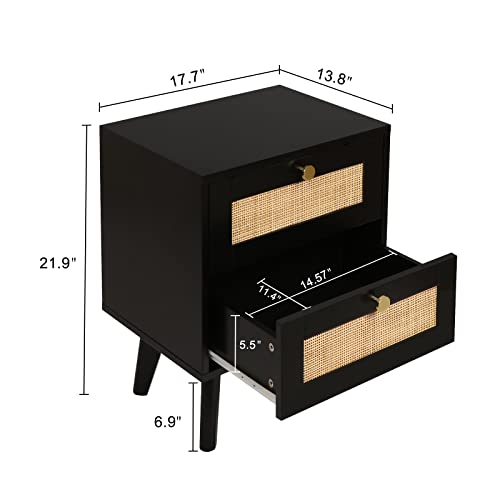 Anmytek Black Nightstand, Farmhouse Rattan Nightstand Wood Bedside Table With 2 Drawers Mid Century Modern Nightstand End Table For Bedroom Living Room Dorm, H0066 #TOP1
