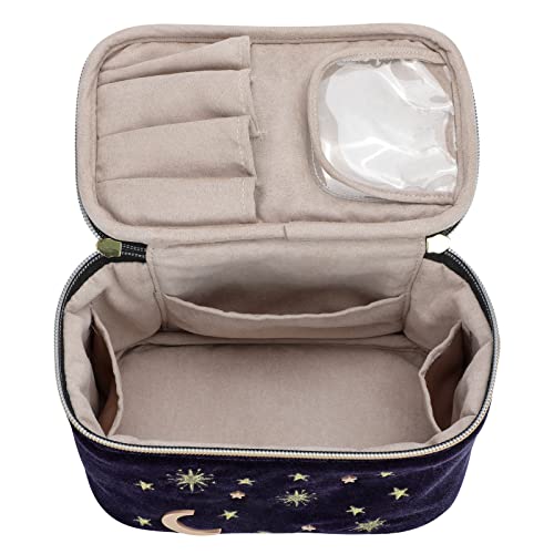 Handy cosmetic makeup bag,square Navy Velvet Embroidered Applique Moon Stars Sun Cosmetic Bag,High capacity Starry Makeup Pouch with Tassels & Pearl Zipper,Beautician Storage Bag Clutch Handbags - Image 5