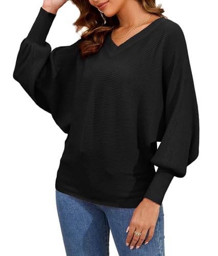 Women's Oversized V Neck Fuzzy Sweaters 2025 Casual Loose Long Sleeve Chunky Knit Pullover Jumper Tops