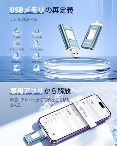 undefined 【専用アプリ不要 アルバム整理簡単】Phone用USBメモリ 4in1 USBメモリ128GB phone用外付けメモリ 高速USB3.0 タイプc usbメモリー IOS/Android/PC/Macに対応 phone兼用 バックアップ アプリ不要 スマホ usbメモリ phone 写真データ保存 スマホ容量不足解消 写真画像撮り放題(ライトブルー) の商品画像 2