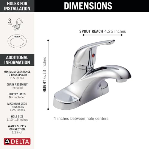 Delta Foundations Centerset Chrome Bathroom Faucet, 4 Inch 3 Hole Bathroom Sink Faucet for Vanity, Metal Push-Pop Drain Assembly, Chrome B501LF thumbnail 4