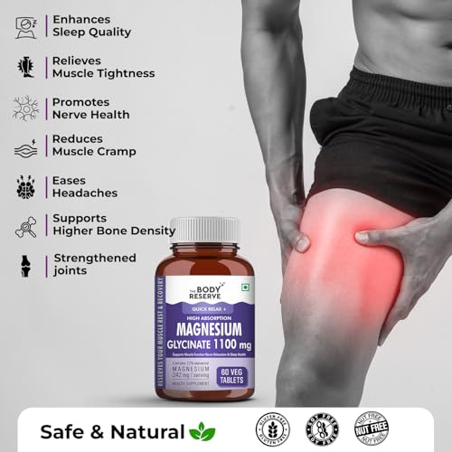 The Body Reserve Magnesium Glycinate Supplement - 60 Veg Tablets, 1100mg Per Serving, High Absorption Chelated Form - Muscle & Nerve Health, Relaxation for Men & Women