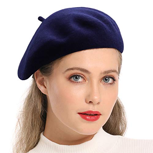 Wheebo Wool Beret Hat,Solid Color French Style Winter Warm Cap for Women Girls (Navy Blue)