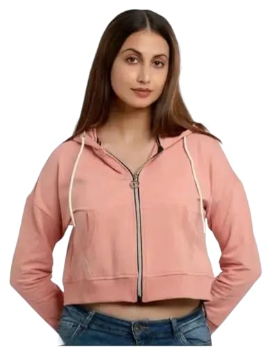 Image of Rabboni Women's Crop Fleece Hoodie Jacket | Full Sleeve Zip-Up Hooded Sweatshirt for Women & Girls | Soft Warm Casual Winter Wear Crop Hoodie