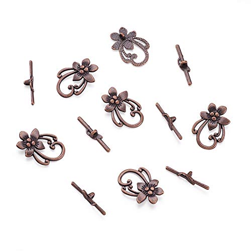 Beadthoven 10Sets Plated Flower Tibetan Style Toggle Clasps Red Copper T-Bar Bracelets Necklaces Clasps Sets For Jewelry Making Diy Crafts Finding Accessory #TOP1