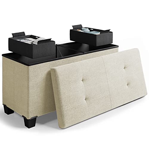 Storage Ottoman Bench with Storage Bins, 30-In Storage Bench for Bedroom End of Bed, Folding Foot Rest Ottoman with Storage for Living Room, Storage Chest Max 660lbs, Linen Fabric Beige Ottoman