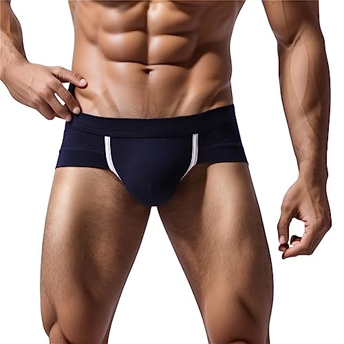 Mens Sexy Cotton Boxer Briefs Shorts Soft Underwear Bulge Pouch Underpants Big Solid Color G-Strings Thongs Panties Blue2