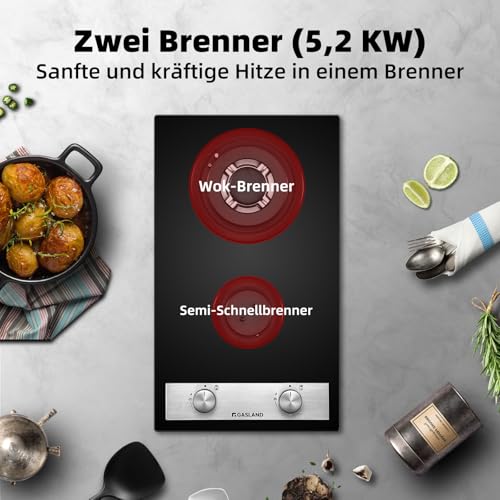 GASLAND GH30BF Glass Gas Cooktop, 2 Burners, Butane Gas Hob with Wok Burner, Built-in Gas Cooktop, 30 cm Black Glass Stove, Gas Cooker 5200 W, LPG/NG Convertible