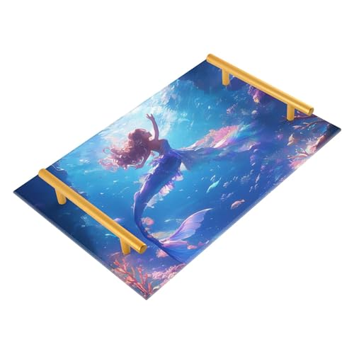 Bathroom Vanity Tray Counter Organizer, Mermaid Swimming Pattern Decorative Tray with Handles Countertop Storage for Bathroom Bedroom Kitchen Home Farmhouse