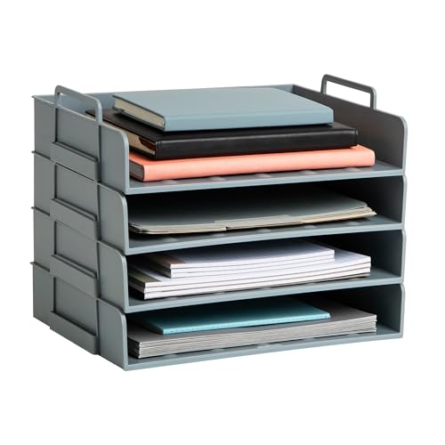Image of Mind Reader Stackable Paper Tray, Desktop Organizer, File Storage, Office, Plastic, 13.75" L x 10" W x 10.75" H, 4 Pcs., Gray