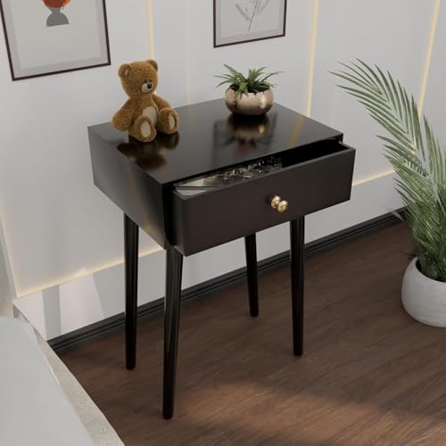 Image of Device Bas with BROWN ART SHOPPEE Coffee Table with Drawer and Solid Wood Legs, Bedside Table for Bedrooms, Century Modern Drawer Storage Cabinet for Living Room Furniture (Full Black)